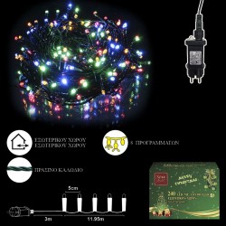 240 φωτάκια ''LED'' 14,95 μέτρα,πρόγραμμα πράσινο καλώδιο πολύχρωμα λαμπάκια 93-2374