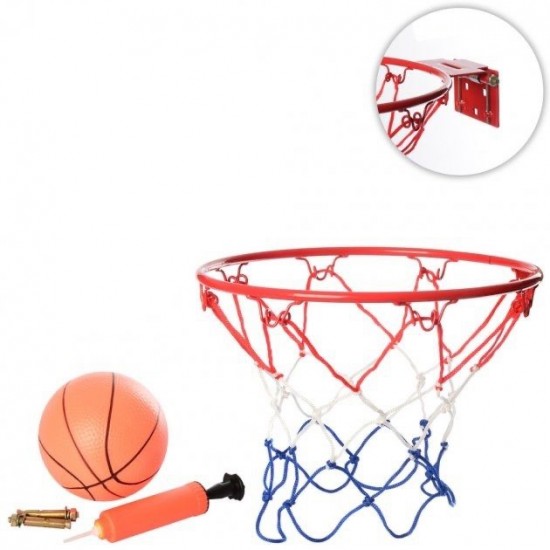 Στεφάνι μπασκέτας μεταλλικό κόκκινο δ.42cm με δίχτυ, τρόμπα, μπαλίτσα φουσκωτή και 4 βίδες στερέωσης YC856P ΚΩΔ.14815